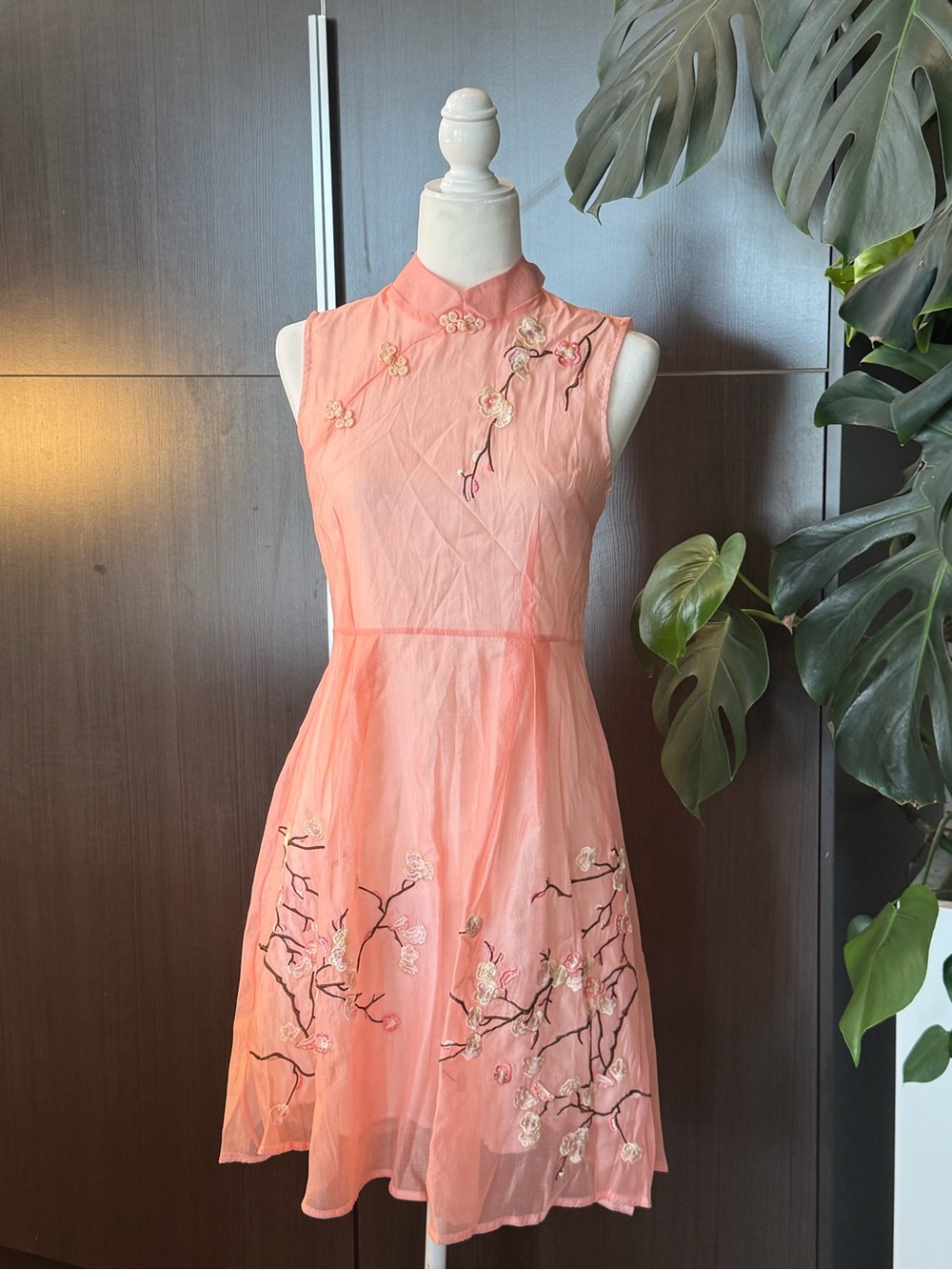 Sleeveless Pink Embroidered A-Line Dress